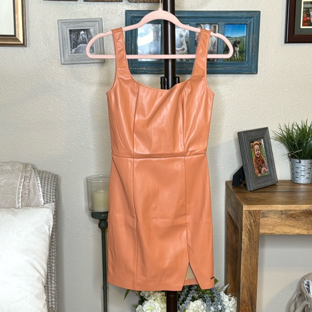 n:PHILANTHROPY Nuevo Vegan Leather Mini Dress Camel XS NWT - Picture 2 of 13